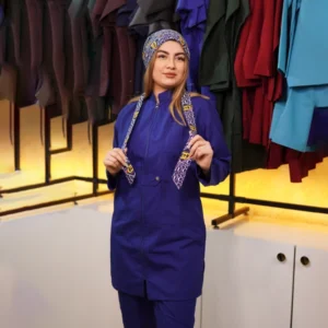 مانتو شلوار جلو زیپ دار آبی کاربنی